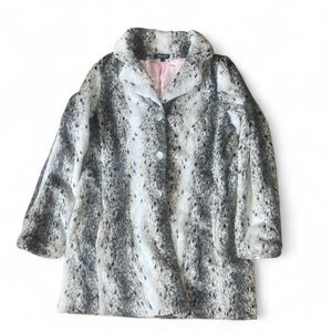 Vintage Y2K Karen Kane Woman's Grey Snow Leopard Faux Fur Coat Jacket SZ L